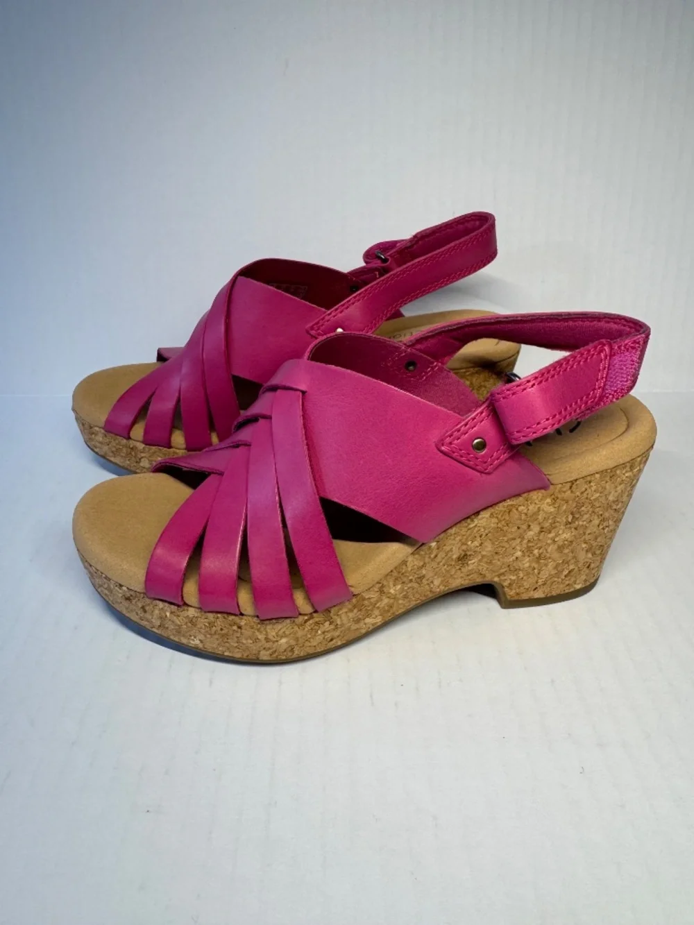 Clarks Pink Leather Wedge Sandals Cork Heel Size 6 Comfort Slingback NWOB